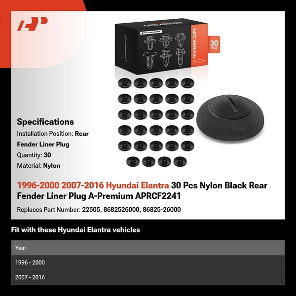 1996-2000 2007-2016 Hyundai Elantra 30 Pcs Nylon Black Rear Fender Liner Plug A-Premium APRCF2241