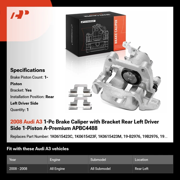 2008 Audi A3 1-Pc Brake Caliper with Bracket Rear Left Driver Side 1-Piston A-Premium APBC4488