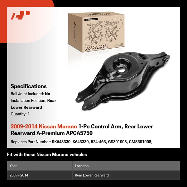2009-2014 Nissan Murano 1-Pc Control Arm, Rear Lower Rearward A-Premium APCA5750
