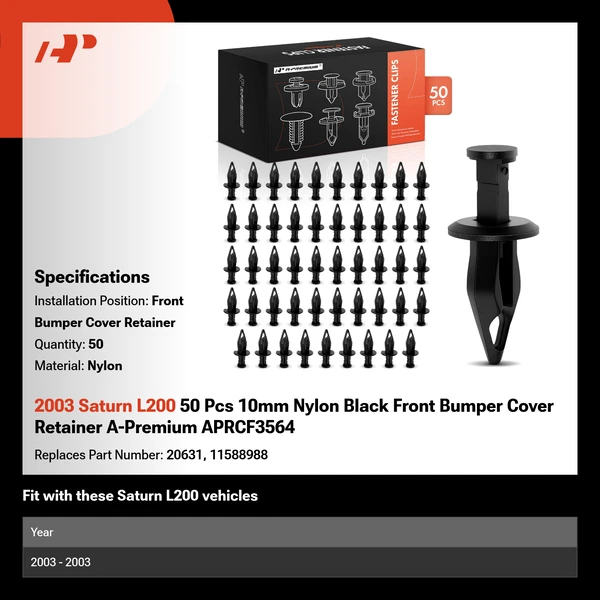 2003 Saturn L200 50 Pcs 10mm Nylon Black Front Bumper Cover Retainer A-Premium APRCF3564