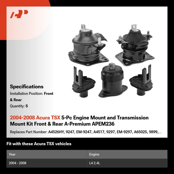 2004-2008 Acura TSX 5-Pc Engine Mount and Transmission Mount Kit Front & Rear A-Premium APEM236