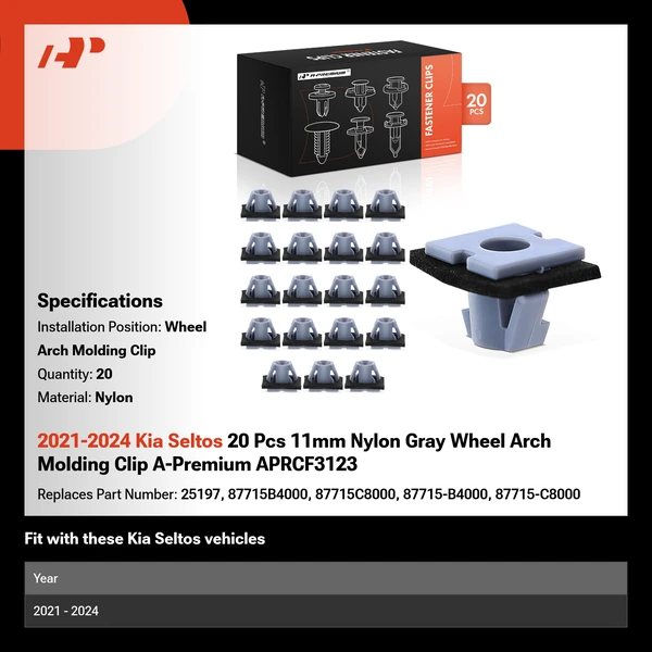 2021-2024 Kia Seltos 20 Pcs 11mm Nylon Gray Wheel Arch Molding Clip A-Premium APRCF3123