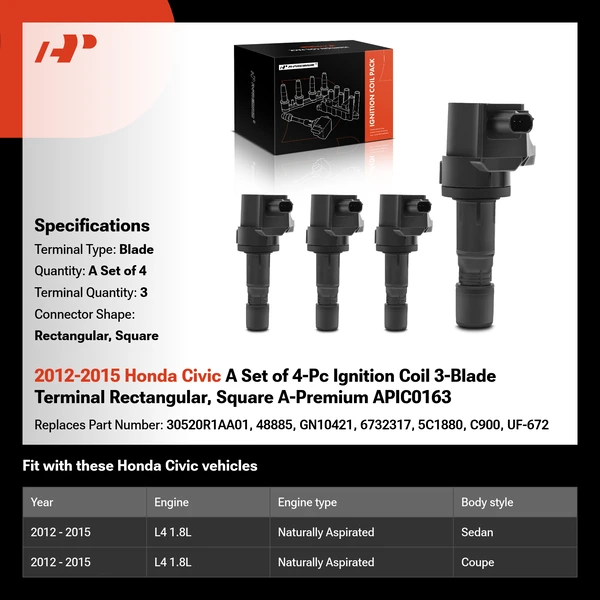 2012-2015 Honda Civic A Set of 4-Pc Ignition Coil 3-Blade Terminal Rectangular, Square A-Premium APIC0163