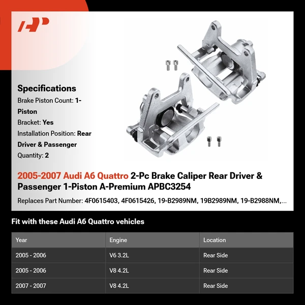 2005-2007 Audi A6 Quattro 2-Pc Brake Caliper Rear Driver & Passenger 1-Piston A-Premium APBC3254