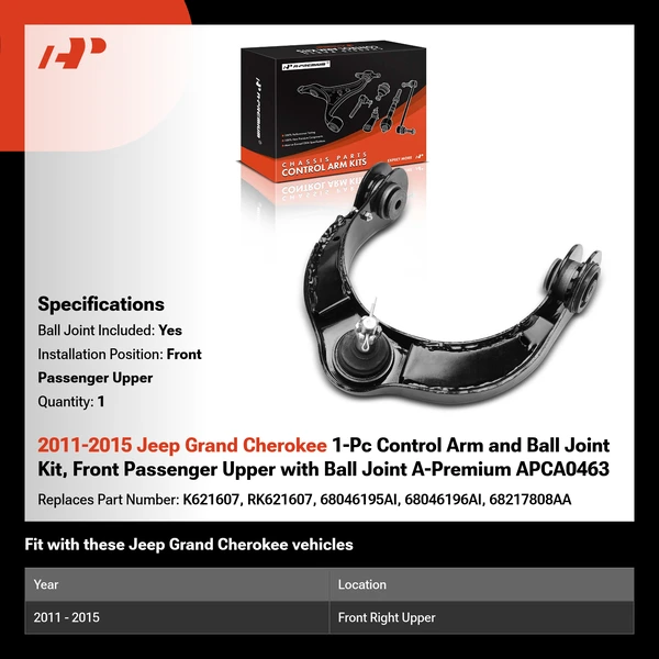 2011-2015 Jeep Grand Cherokee 1-Pc Control Arm and Ball Joint Kit, Front Passenger Upper with Ball Joint A-Premium APCA0463