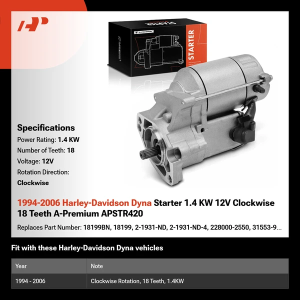 1994-2006 Harley-Davidson Dyna Starter 1.4 KW 12V Clockwise 18 Teeth A-Premium APSTR420
