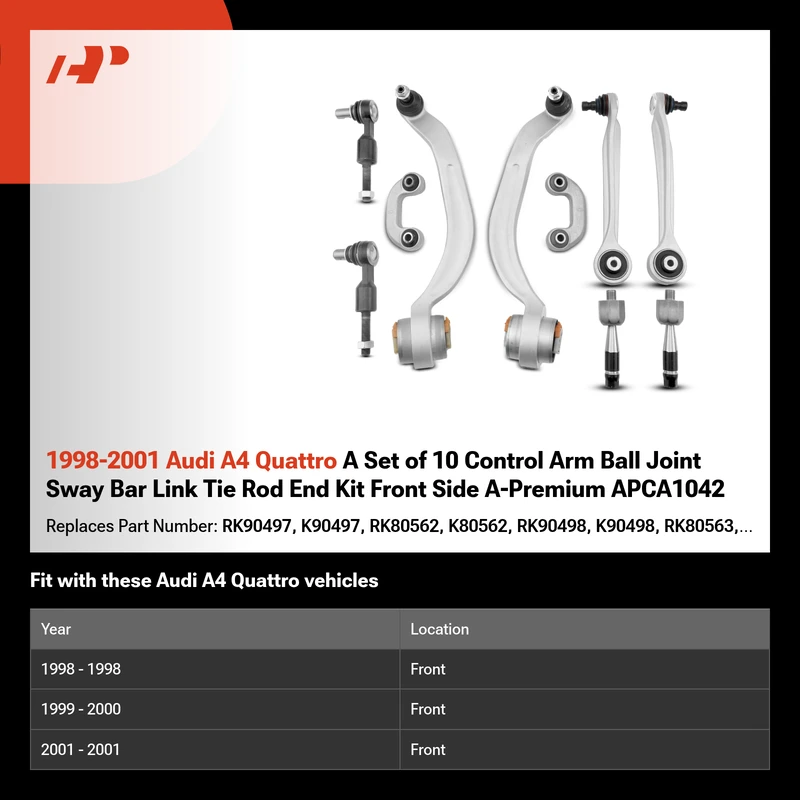 1998-2001 Audi A4 Quattro A Set of 10 Control Arm Ball Joint Sway Bar Link Tie Rod End Kit Front Side A-Premium APCA1042