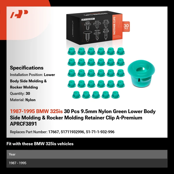1987-1995 BMW 325is 30 Pcs 9.5mm Nylon Green Lower Body Side Molding & Rocker Molding Retainer Clip A-Premium APRCF3891