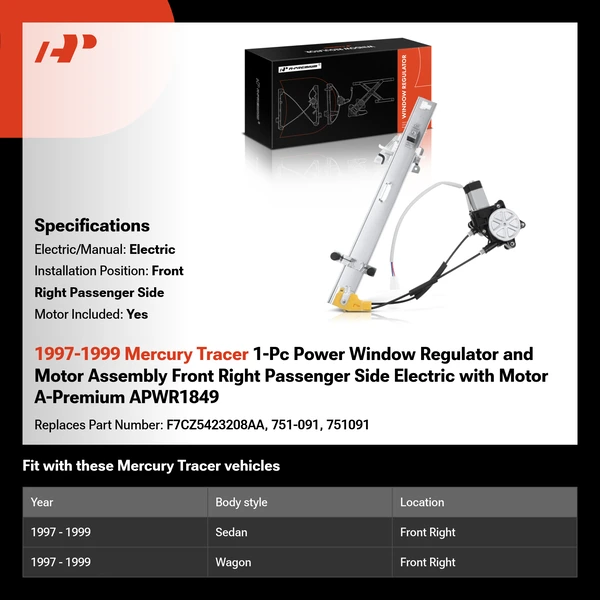 1997-1999 Mercury Tracer 1-Pc Power Window Regulator and Motor Assembly Front Right Passenger Side Electric with Motor A-Premium APWR1849