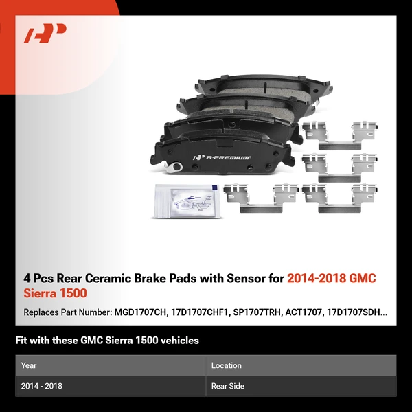 4 Pcs Rear Ceramic Brake Pads with Sensor for 2014-2018 GMC Sierra 1500