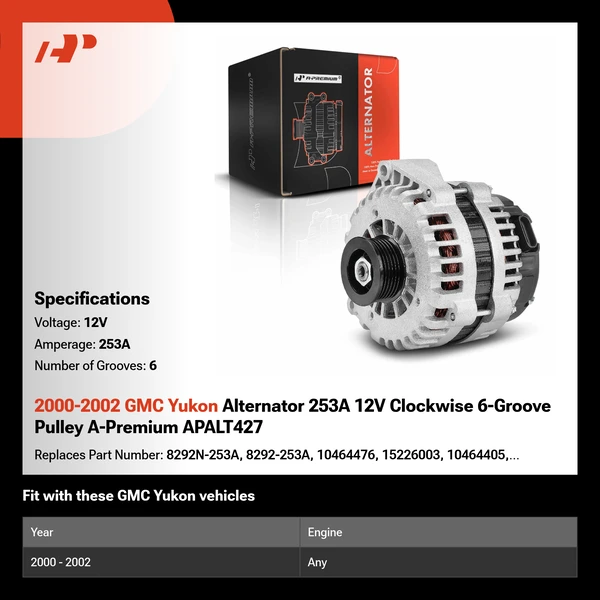 2000-2002 GMC Yukon Alternator 253A 12V Clockwise 6-Groove Pulley A-Premium APALT427