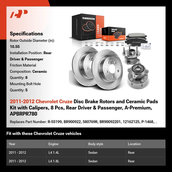 2011-2012 Chevrolet Cruze Disc Brake Rotors and Ceramic Pads Kit with Calipers, 8 Pcs, Rear Driver & Passenger, A-Premium, APBRPR780