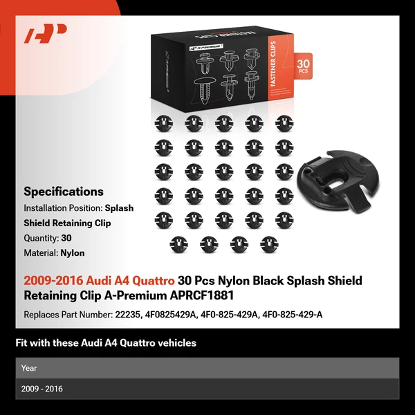 2009-2016 Audi A4 Quattro 30 Pcs Nylon Black Splash Shield Retaining Clip A-Premium APRCF1881
