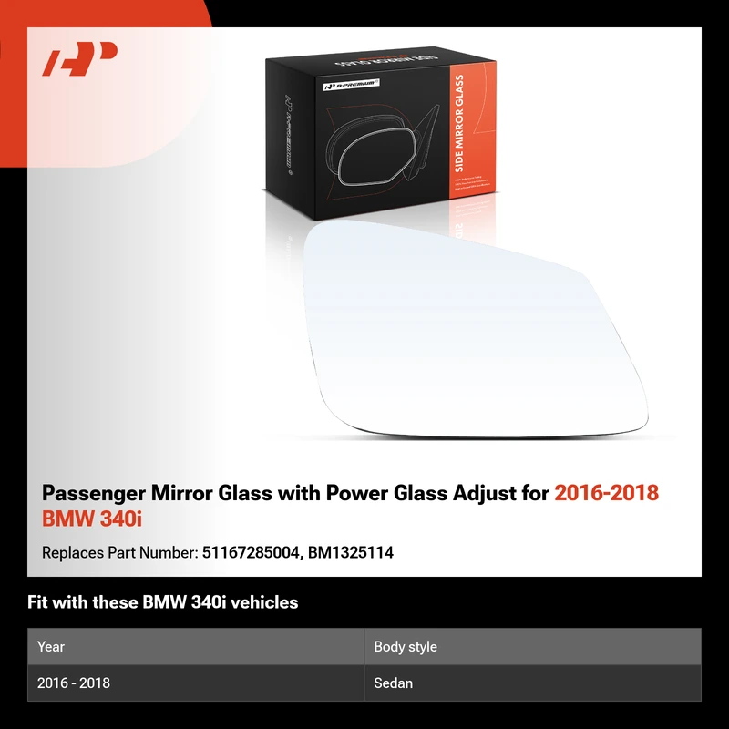 Passenger Mirror Glass with Power Glass Adjust for 2016-2018 BMW 340i