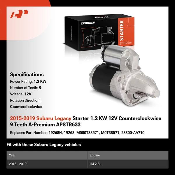 2015-2019 Subaru Legacy Starter 1.2 KW 12V Counterclockwise 9 Teeth A-Premium APSTR633