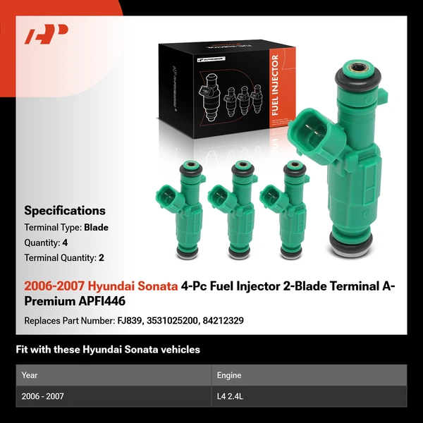 2006-2007 Hyundai Sonata 4-Pc Fuel Injector 2-Blade Terminal A-Premium APFI446