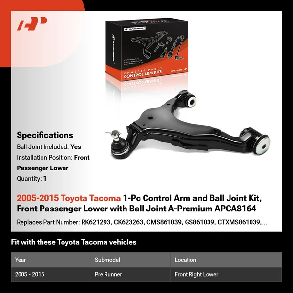 2005-2015 Toyota Tacoma 1-Pc Control Arm and Ball Joint Kit, Front Passenger Lower with Ball Joint A-Premium APCA8164