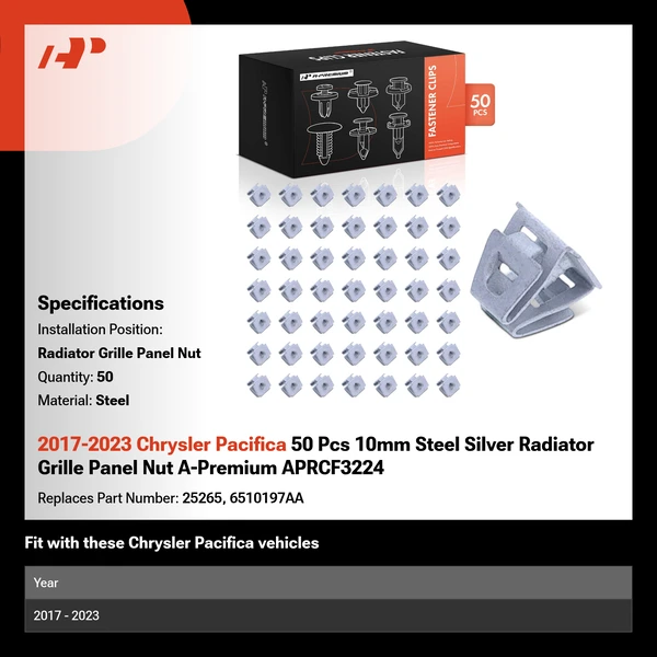 2017-2023 Chrysler Pacifica 50 Pcs 10mm Steel Silver Radiator Grille Panel Nut A-Premium APRCF3224