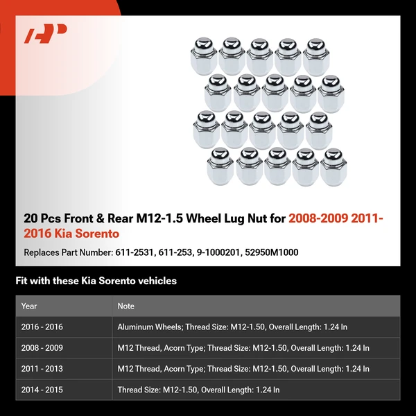20 Pcs Front & Rear M12-1.5 Wheel Lug Nut for 2008-2009 2011-2016 Kia Sorento