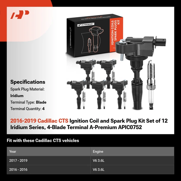 2016-2019 Cadillac CTS Ignition Coil and Spark Plug Kit Set of 12 Iridium Series, 4-Blade Terminal A-Premium APIC0752