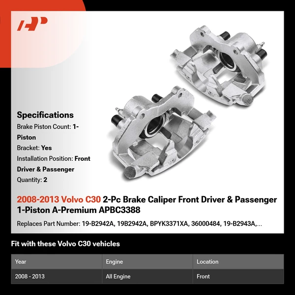 2008-2013 Volvo C30 2-Pc Brake Caliper Front Driver & Passenger 1-Piston A-Premium APBC3388
