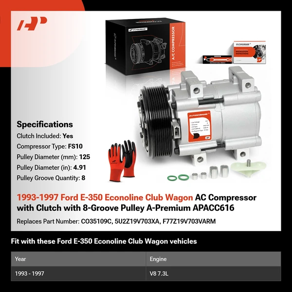 1993-1997 Ford E-350 Econoline Club Wagon AC Compressor with Clutch with 8-Groove Pulley A-Premium APACC616