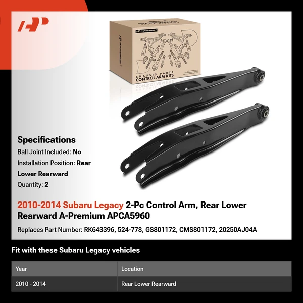 2010-2014 Subaru Legacy 2-Pc Control Arm, Rear Lower Rearward A-Premium APCA5960