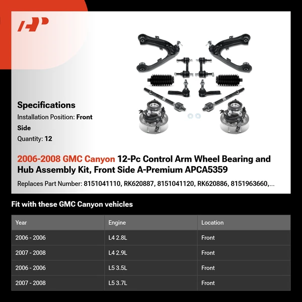 2006-2008 GMC Canyon 12-Pc Control Arm Wheel Bearing and Hub Assembly Kit, Front Side A-Premium APCA5359