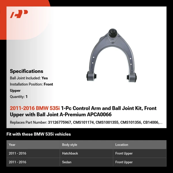 2011-2016 BMW 535i 1-Pc Control Arm and Ball Joint Kit, Front Upper with Ball Joint A-Premium APCA0066
