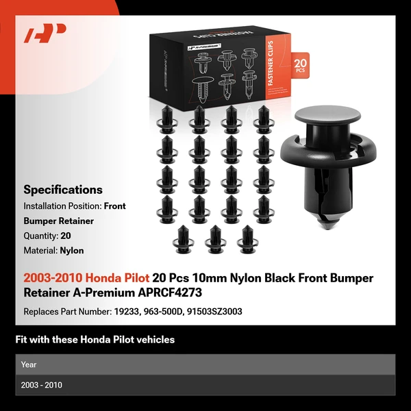 2003-2010 Honda Pilot 20 Pcs 10mm Nylon Black Front Bumper Retainer A-Premium APRCF4273