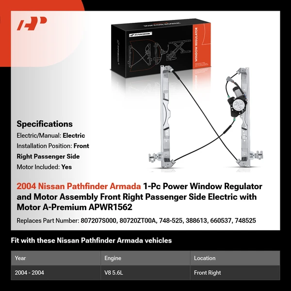 2004 Nissan Pathfinder Armada 1-Pc Power Window Regulator and Motor Assembly Front Right Passenger Side Electric with Motor A-Premium APWR1562