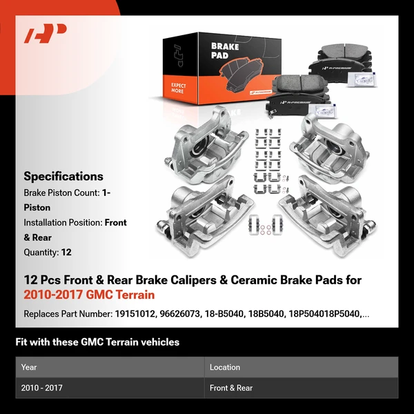 12 Pcs Front & Rear Brake Calipers & Ceramic Brake Pads for 2010-2017 GMC Terrain