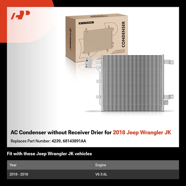 AC Condenser without Receiver Drier for 2018 Jeep Wrangler JK