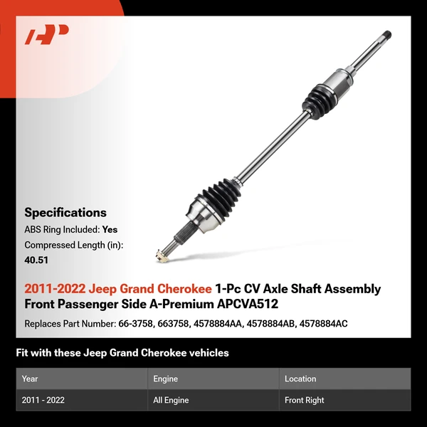 2011-2022 Jeep Grand Cherokee 1-Pc CV Axle Shaft Assembly Front Passenger Side A-Premium APCVA512