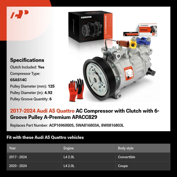 2017-2024 Audi A5 Quattro AC Compressor with Clutch with 6-Groove Pulley A-Premium APACC829
