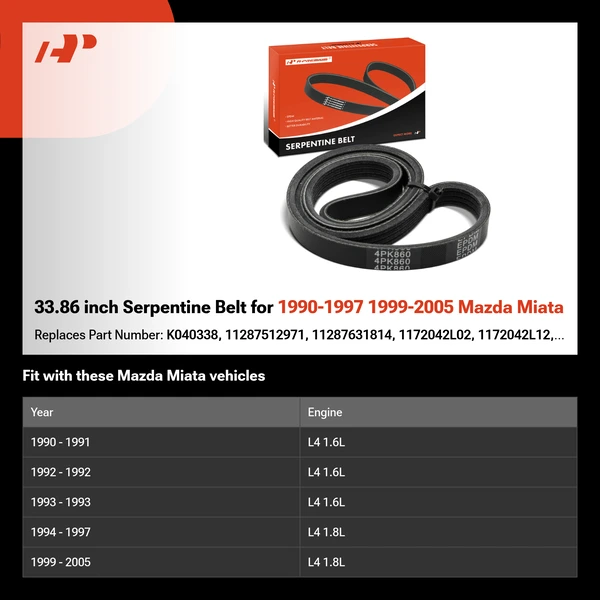 33.86 inch Serpentine Belt for 1990-1997 1999-2005 Mazda Miata