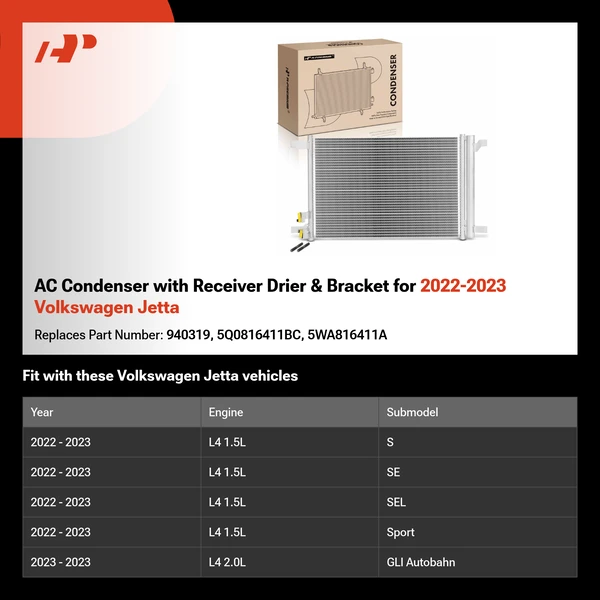 AC Condenser with Receiver Drier & Bracket for 2022-2023 Volkswagen Jetta