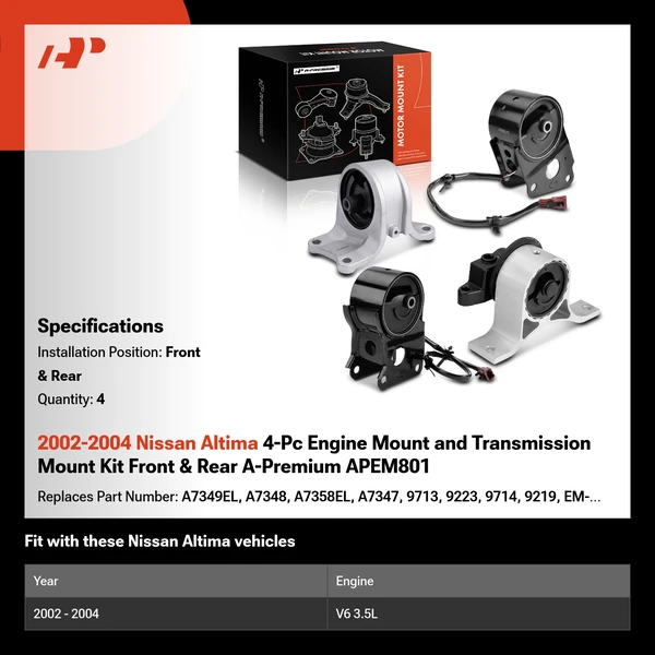 2002-2004 Nissan Altima 4-Pc Engine Mount and Transmission Mount Kit Front & Rear A-Premium APEM801