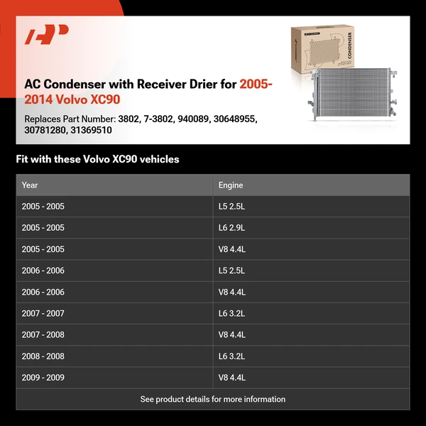 AC Condenser with Receiver Drier for 2005-2014 Volvo XC90