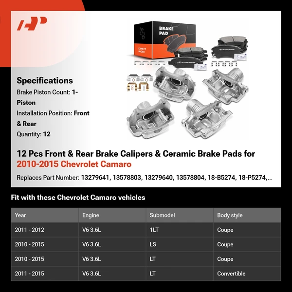 12 Pcs Front & Rear Brake Calipers & Ceramic Brake Pads for 2010-2015 Chevrolet Camaro