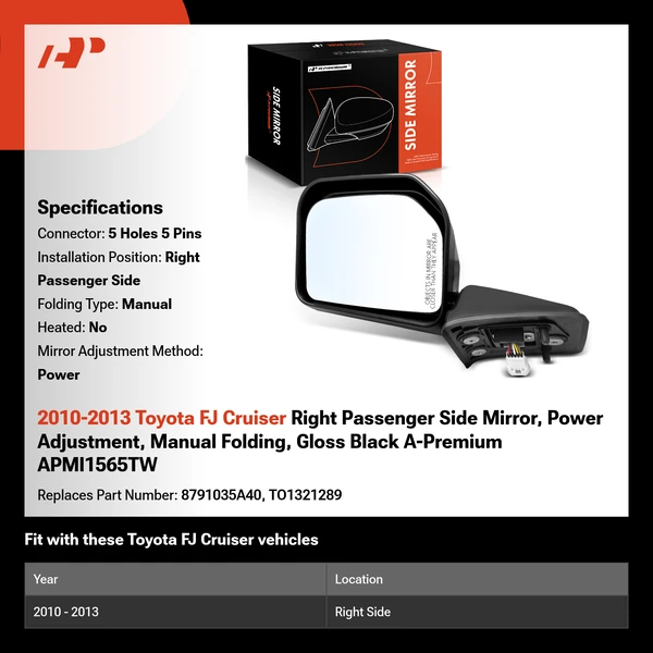 2010-2013 Toyota FJ Cruiser Right Passenger Side Mirror, Power Adjustment, Manual Folding, Gloss Black A-Premium APMI1565TW