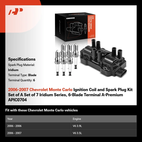 2006-2007 Chevrolet Monte Carlo Ignition Coil and Spark Plug Kit Set of A Set of 7 Iridium Series, 6-Blade Terminal A-Premium APIC0704