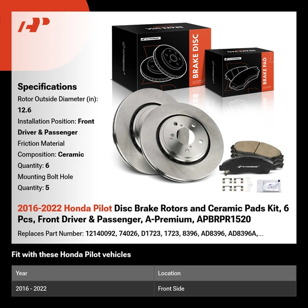 2016-2022 Honda Pilot Disc Brake Rotors and Ceramic Pads Kit, 6 Pcs, Front Driver & Passenger, A-Premium, APBRPR1520