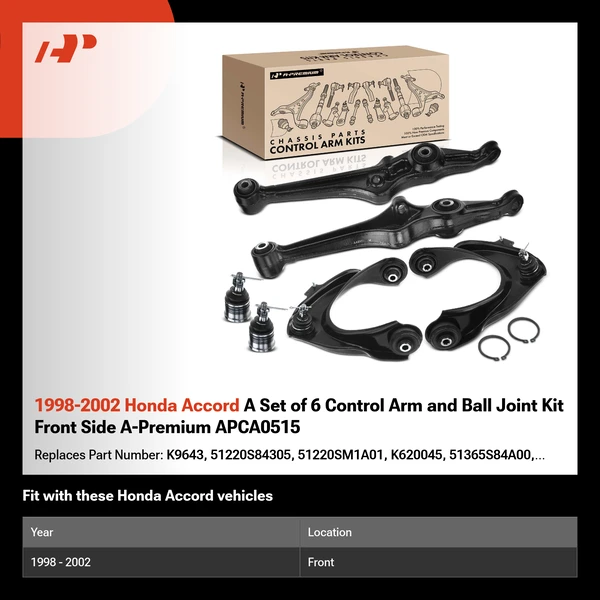 1998-2002 Honda Accord A Set of 6 Control Arm and Ball Joint Kit Front Side A-Premium APCA0515