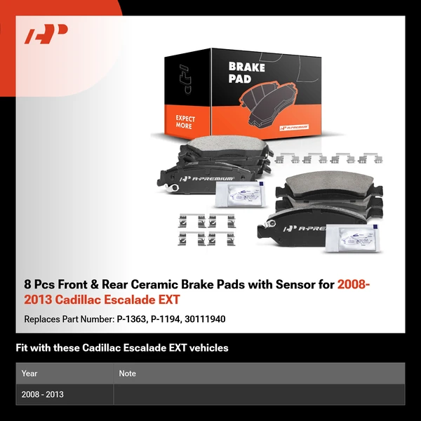 8 Pcs Front & Rear Ceramic Brake Pads with Sensor for 2008-2013 Cadillac Escalade EXT