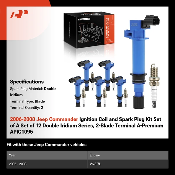 2006-2008 Jeep Commander Ignition Coil and Spark Plug Kit Set of 12 Double Iridium Series, 2-Blade Terminal A-Premium APIC1095