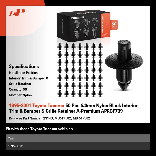1995-2001 Toyota Tacoma 50 Pcs 6.3mm Nylon Black Interior Trim & Bumper & Grille Retainer A-Premium APRCF739