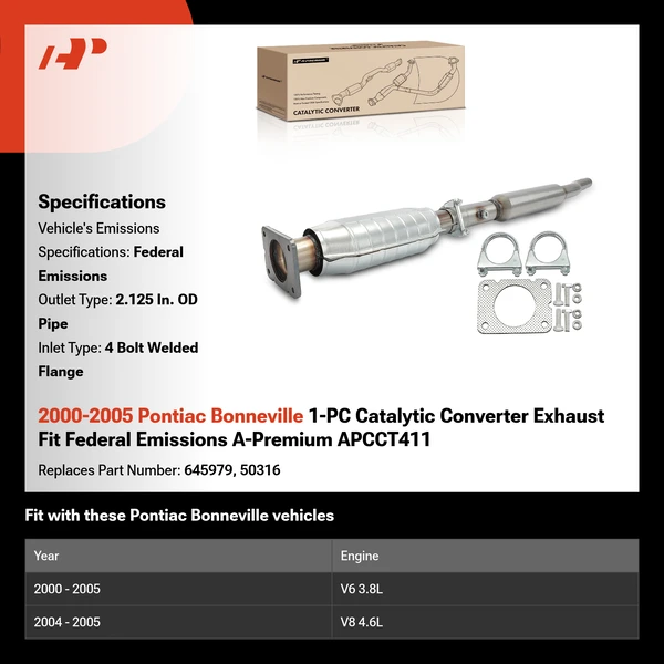 2000-2005 Pontiac Bonneville 1-PC Catalytic Converter Exhaust Fit Federal Emissions A-Premium APCCT411