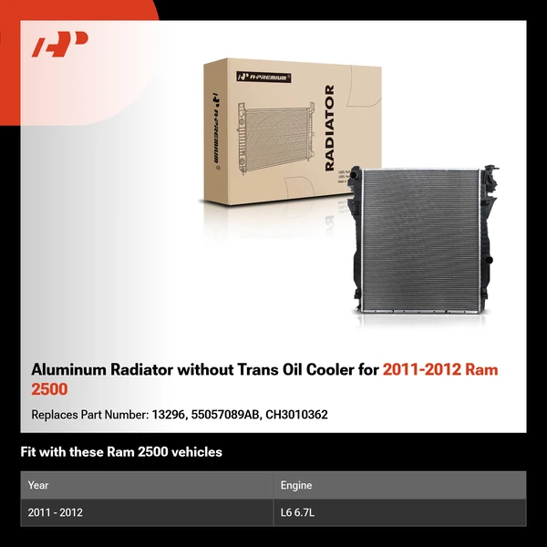 Aluminum Radiator without Trans Oil Cooler for 2011-2012 Ram 2500