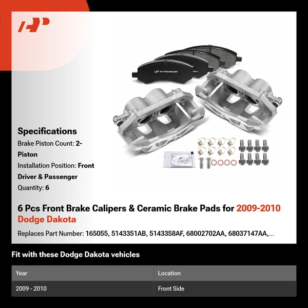 6 Pcs Front Brake Calipers & Ceramic Brake Pads for 2009-2010 Dodge Dakota